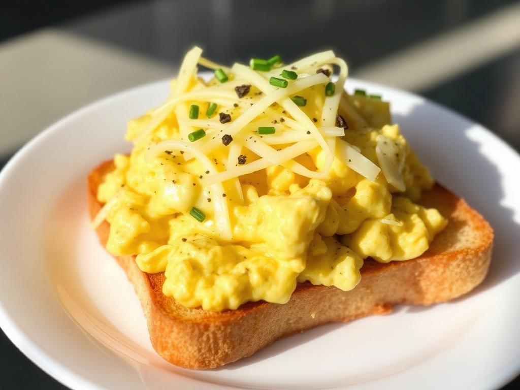 Photo of cheesy scrambled eggs on toast